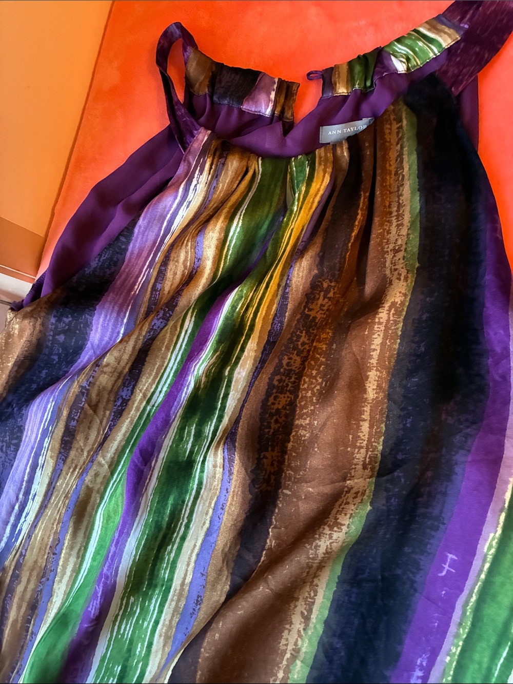 100% SILK- Ann Taylor Striped Camisole In Purple, Green & Neutrals - Picture 5 of 15
